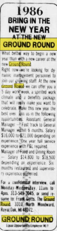 Ground Round - Jan 13 1986 Article